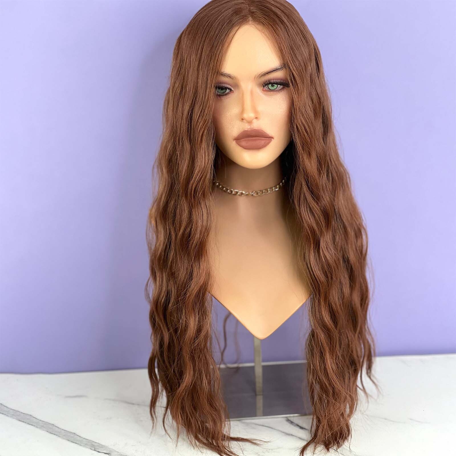 Reddish Brown Synthetic Hair Long Wavy Curly Front Wig Natural Copper Red Auburn Colored Lace Frontal Wigs for Women