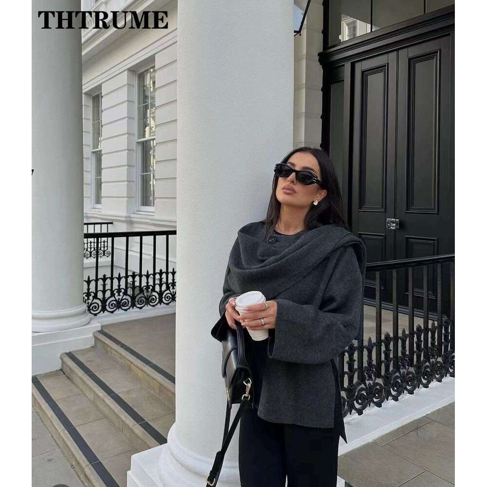 2024 New Scarf Collar Jackets For Women Elegant Solid Autumn Winter Long Sleeve Loose Coats Casual Streetwear Vintage Outwear