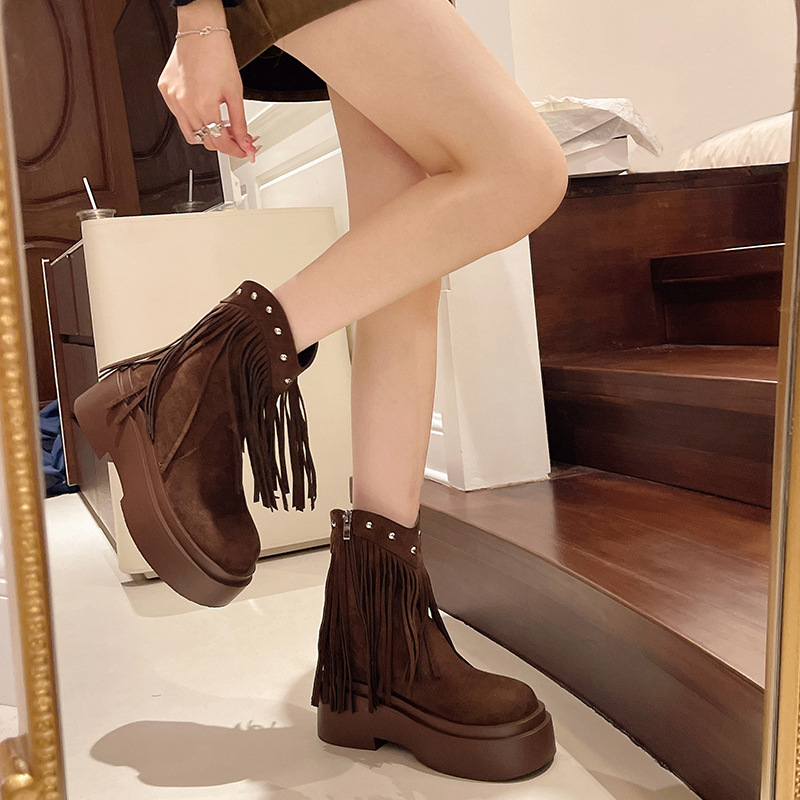 Women Fashion Boots:Thick Sole Increase Height Martin Boots Retro Style Chunky Heel Spicy Girl,Black/Brown/Khaki,Free shipping