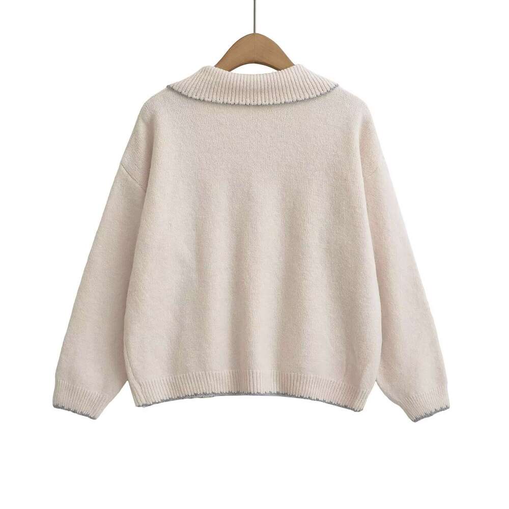 TRAFZA Women Fashion Knitted Lapel Pockets E Decoration New 2024 Spring Fall Simple Casual Sweater