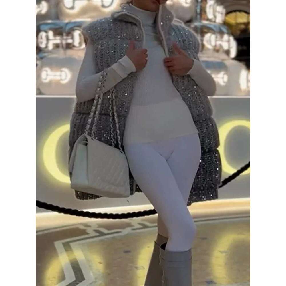 2024 Gradient Sequins Sleeveless Knitted Vest Fashion Stand Collar Zipper Short Coat Autumn Winter New Warm Street Waistcoat