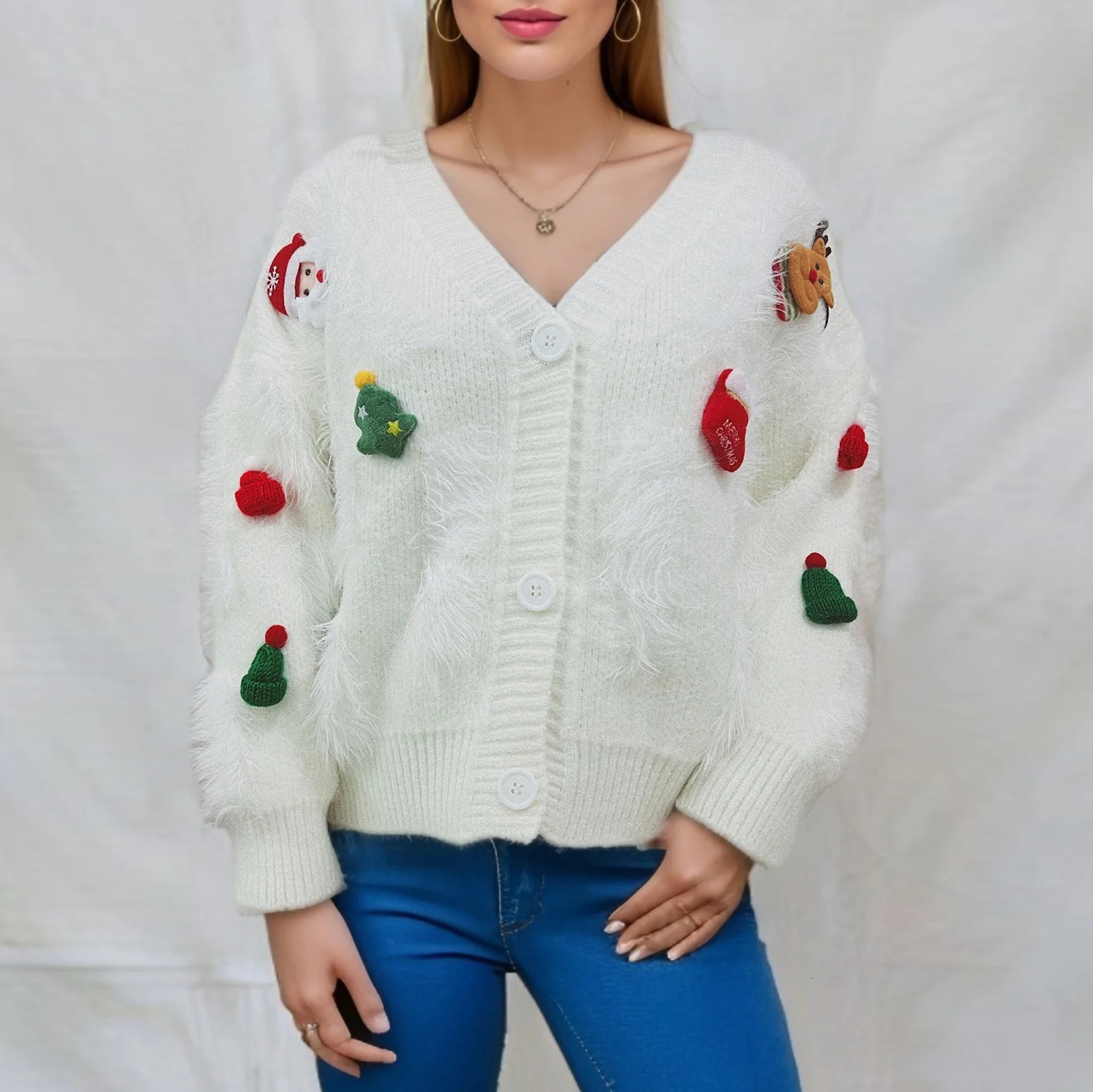 Sweet Year Christmas faux mink cute decoration single chest cardigan jacket autumn winter festival Versatile Top 241025