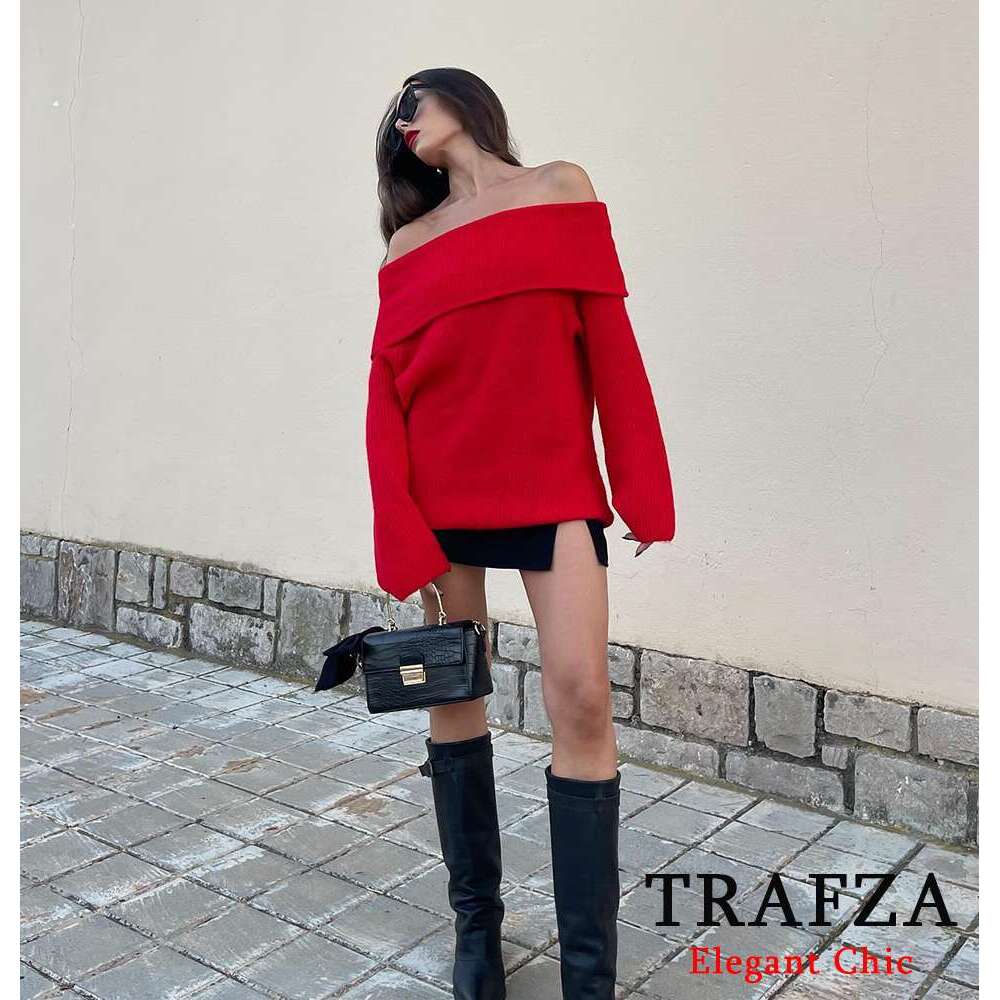 TRAFZA Women Knitted Straight Shoulder Off-Shoulder Boat Neck New 2024 Spring Fall Sexy Elegant Sweater