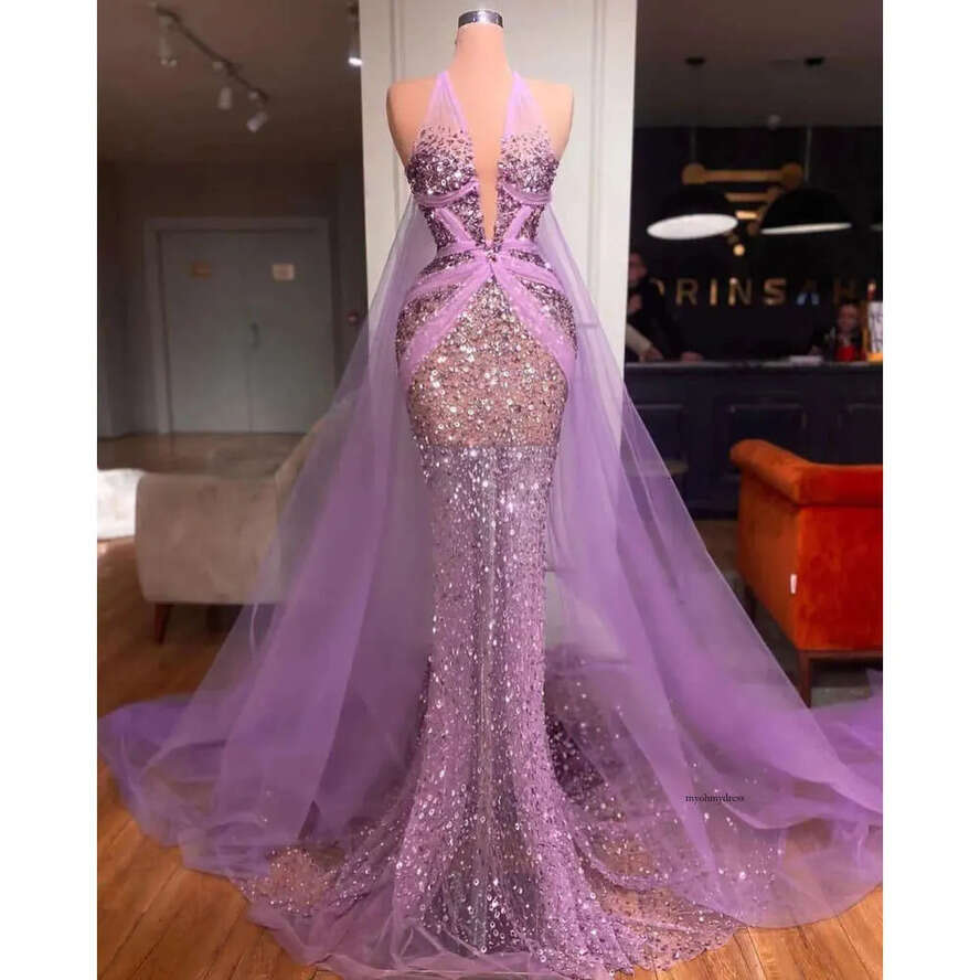 Purple Mermaid Prom Sleeveless V Neck Lace Halter Appliques Hollow Sexy Shiny Sequins Beaded Or Length Celebrity Evening Dresses Plus Size Custom Made