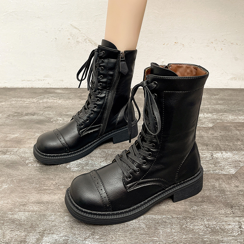 Women Fashion Boots:Retro Style Thick Sole High Heel Increase Height Martin Boots Winter British Style Round Toe,Black/Brown,Free shipping