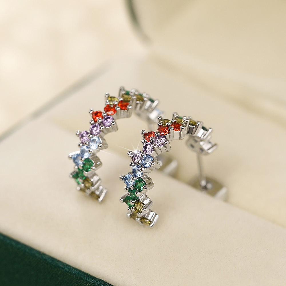 Creative Curved Colored Zirconia Earrings 925 Sterling Silver Women's Geometric Diamond Earrings Classic White Gold Crystal Earrings Luxury Weddi
