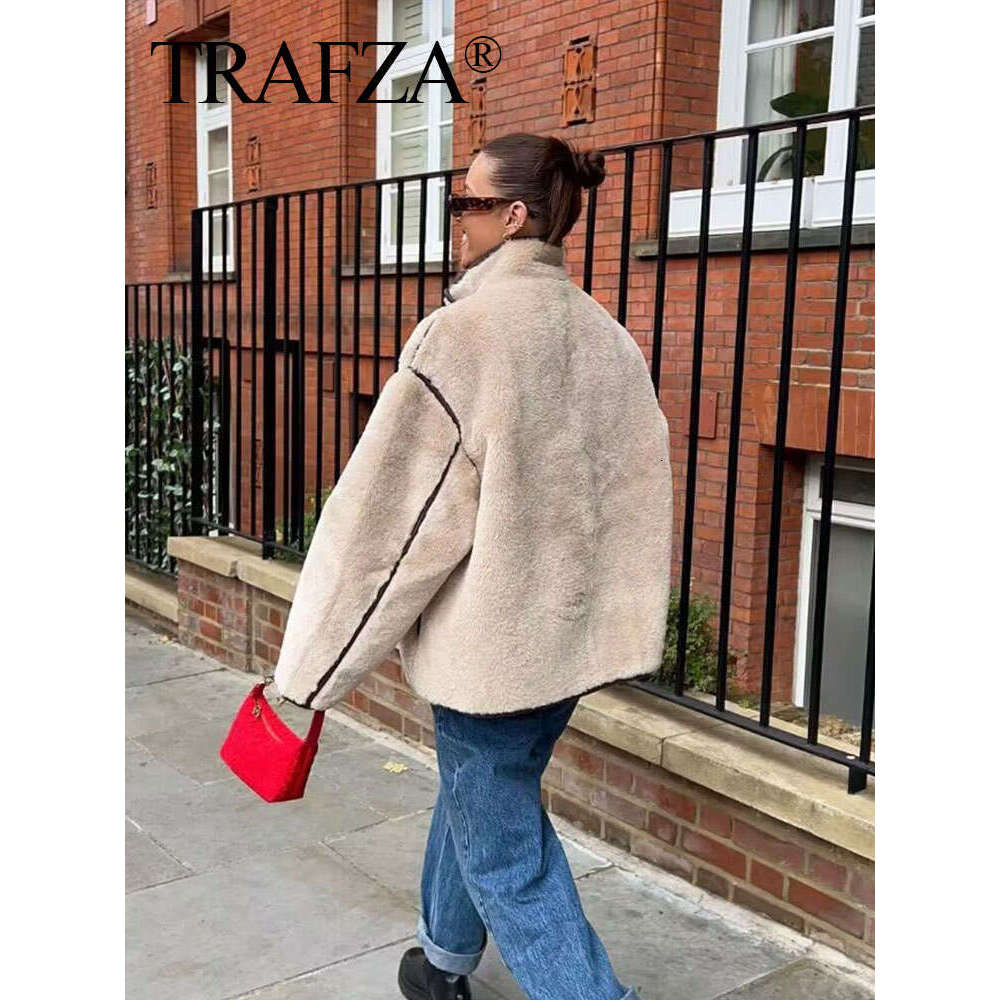 TRAFZA Autumn Fashion Women Fleece Coat Turtleneck Single Breasted Long Sleeve Jacket Winter Warm Female Casual Loose Outerwear