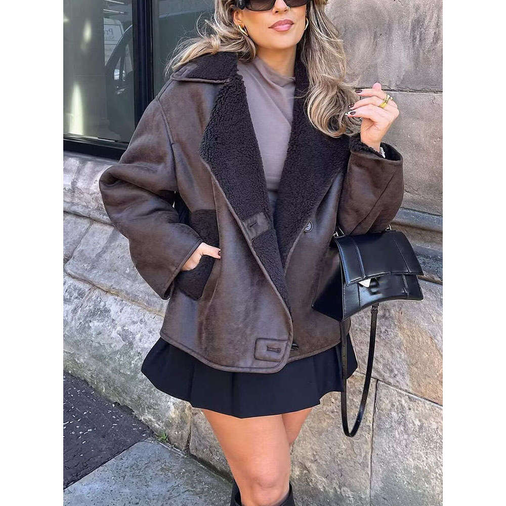 Suede Fleece Woman Vintage Jacket Faux Fur Lapel Pocket Casual Thicken Coat 2024 Ladies Autumn High Street Warm Outwear