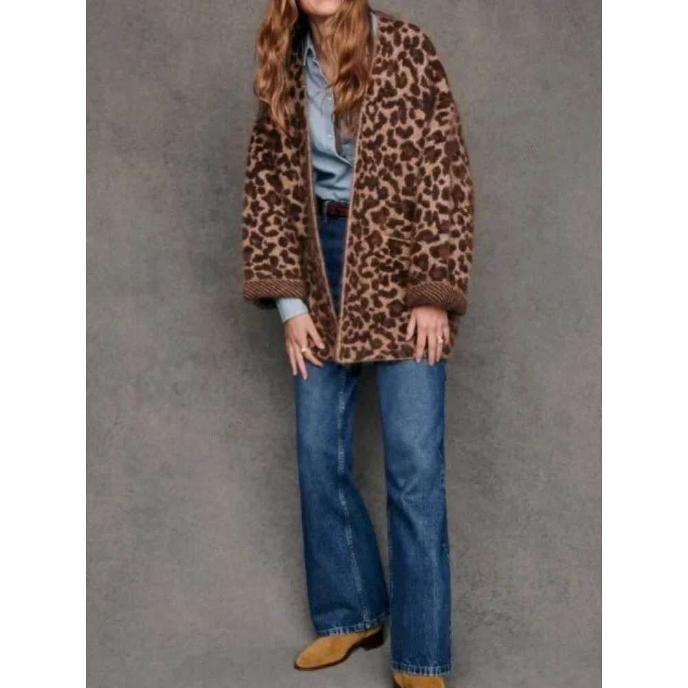 Casual Mohair Leopard Print Knitted Cardigan Women Chic V Neck Full Sleeve With Pockets Sweater Autumn New Lady Commuting Wear