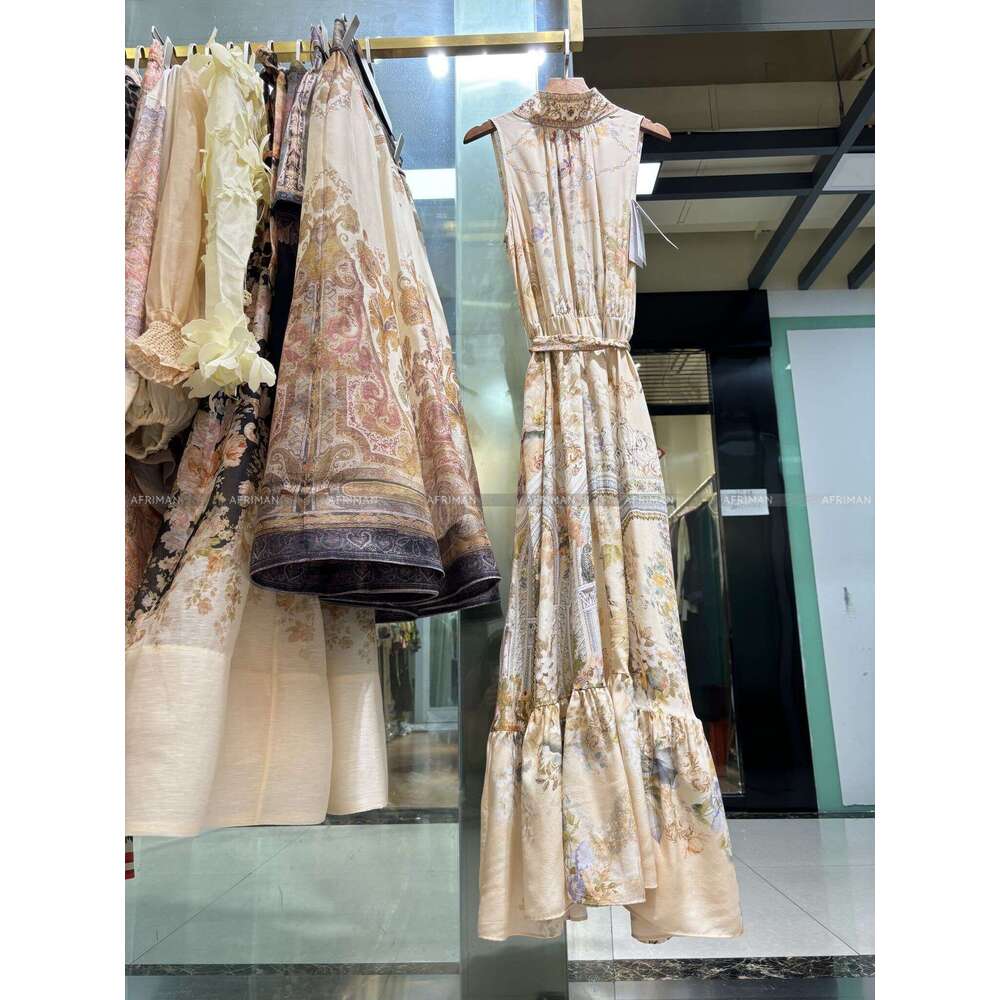 Women Ribbon Bow Collar Heavy Beaded Retro Wer Print Sleeveless Waistband Long Silk Dress