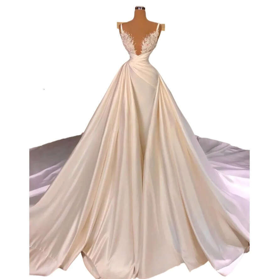 2024 Sexy A E Wedding Dresses V Neck Spaghetti Straps Lace Appliques Crystal Beads Illusion Overskirt Satin Bridal Gowns Wedding Dress Detachable Trai