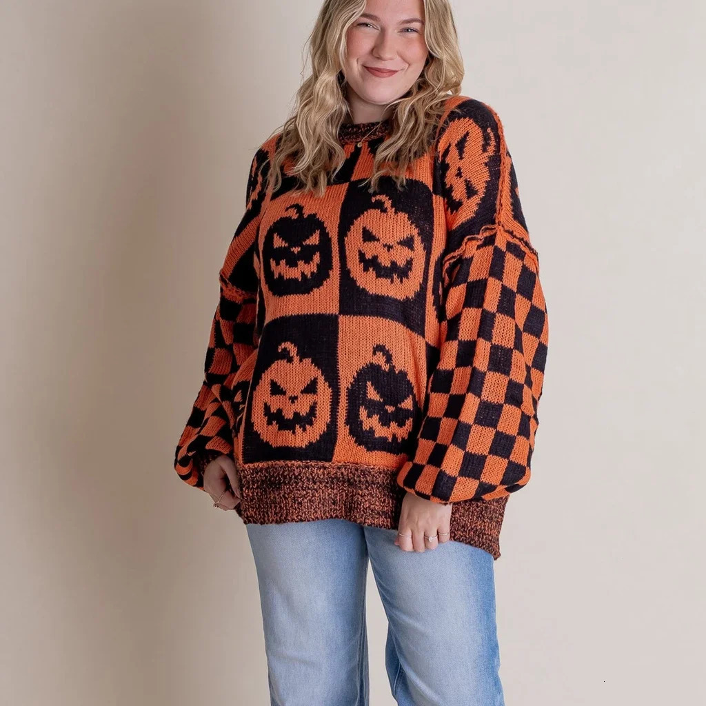Combhasaki Womens Halloween/Christmas Round Neck Long Sleeve Sweater Aesthetic Gingerbread Mens Printed Knitted Loose Floral Top 241025