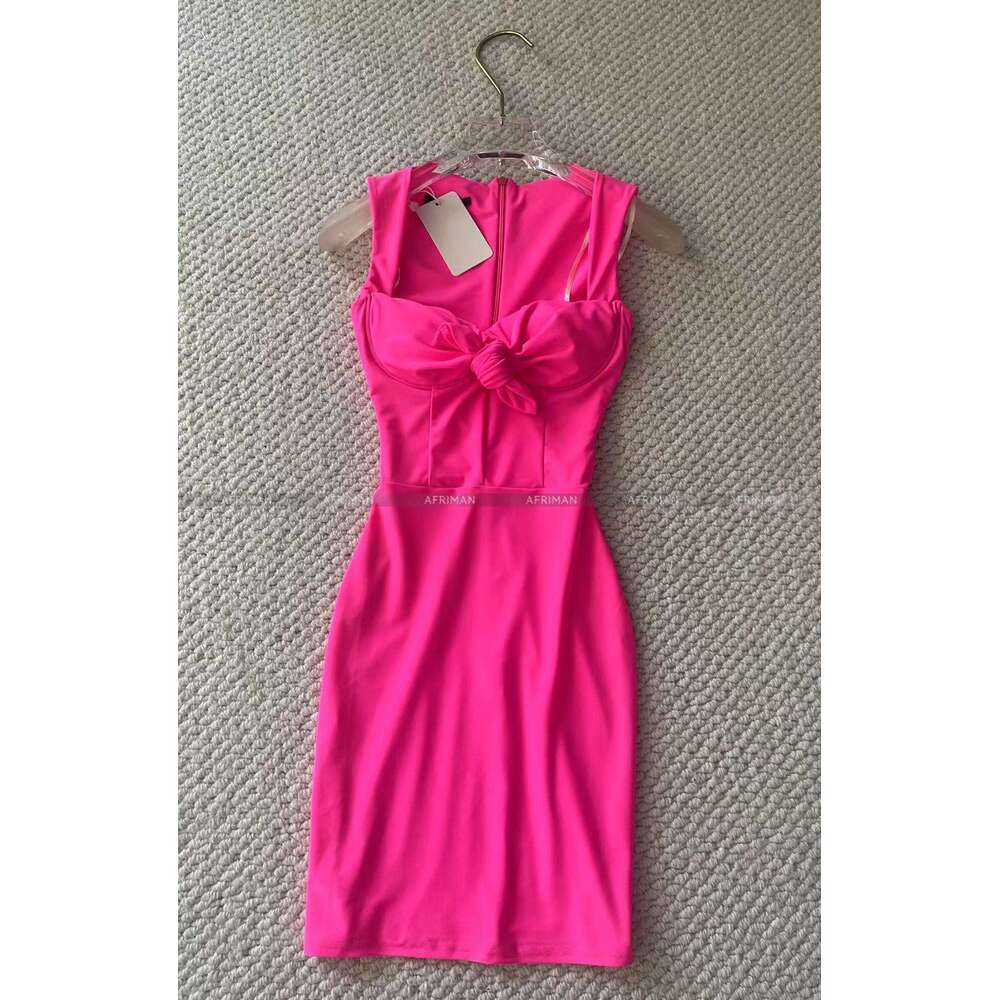 Women Fluorescent Pink Square Neck Twisted Slim Fit Wrap Hip Short Party Dress