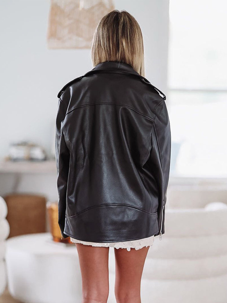 Elegant Turn-Down Collar Women Jacket Fashion Pu Leather Full Sleeve Female Coat With Zipper Locomotive Loose Ladies Outwear