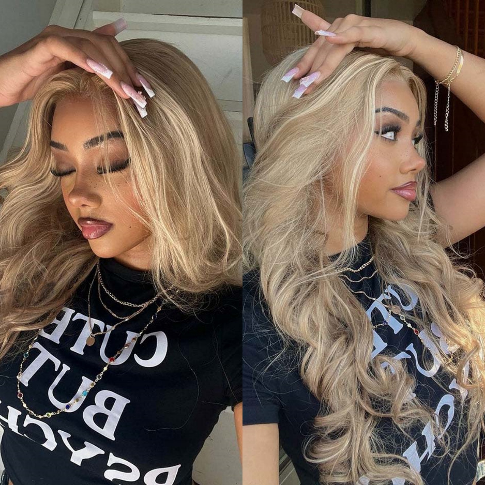 Honey Blonde Highlights Synthetic Lace Front Wig Long Curly Wavy Body Wave Hair 13X4 Frontal Wigs for Women Daily Party
