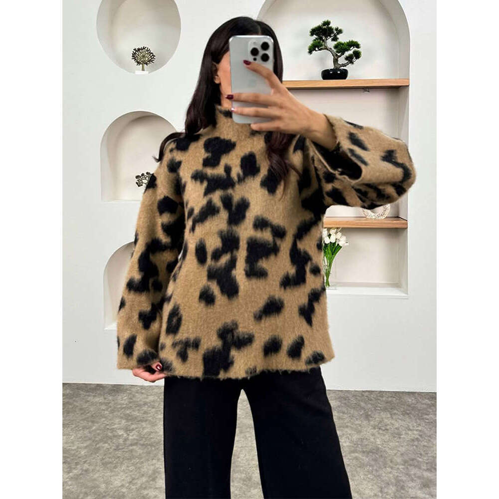 2024 Fashion Leopard Printed Mohair Cashmere Pullover For Women Chic Oversized Turtleneck Knitted Jumper New Lady Retro Knitwear