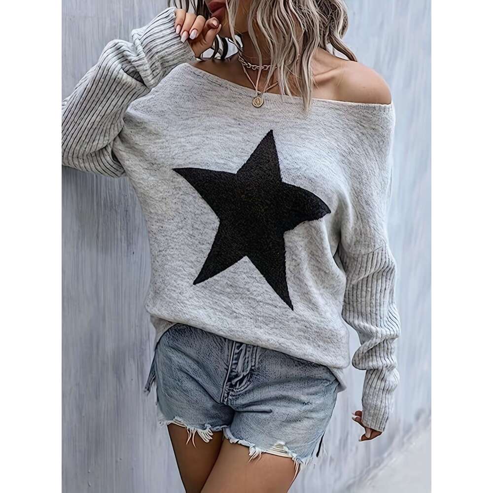Miyouj O-Neck Pullover Star Printed Knitted Sweater Women's Casual Top Long Sleeve Sweaters Tops Lady Autumn Loose Clothes