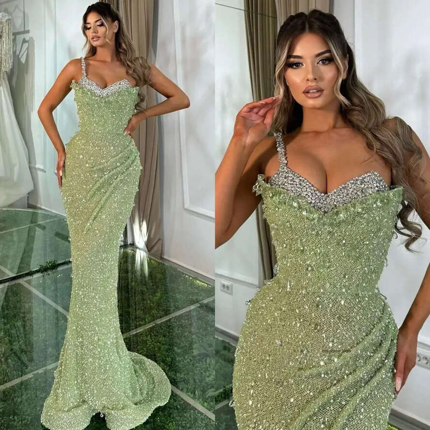 Light Green Sequins Mermaid Evening Dresses Spaghetti Beads Collar Party Prom Pleats Formal Long Red Carpet Dress For Special Ocn 0515