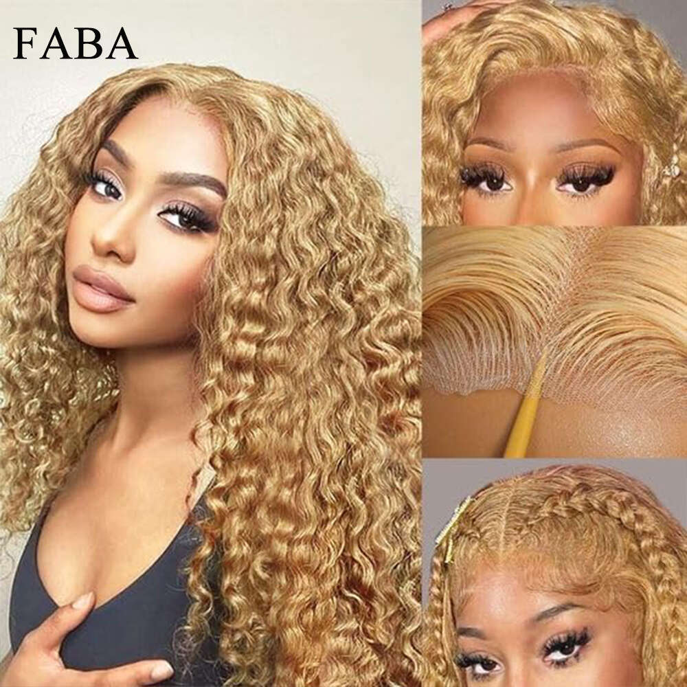 FABA Glueless Honey Blonde Curly Human Hair Wig Deep Wave x HD Lace Frontal Wigs with Baby Density