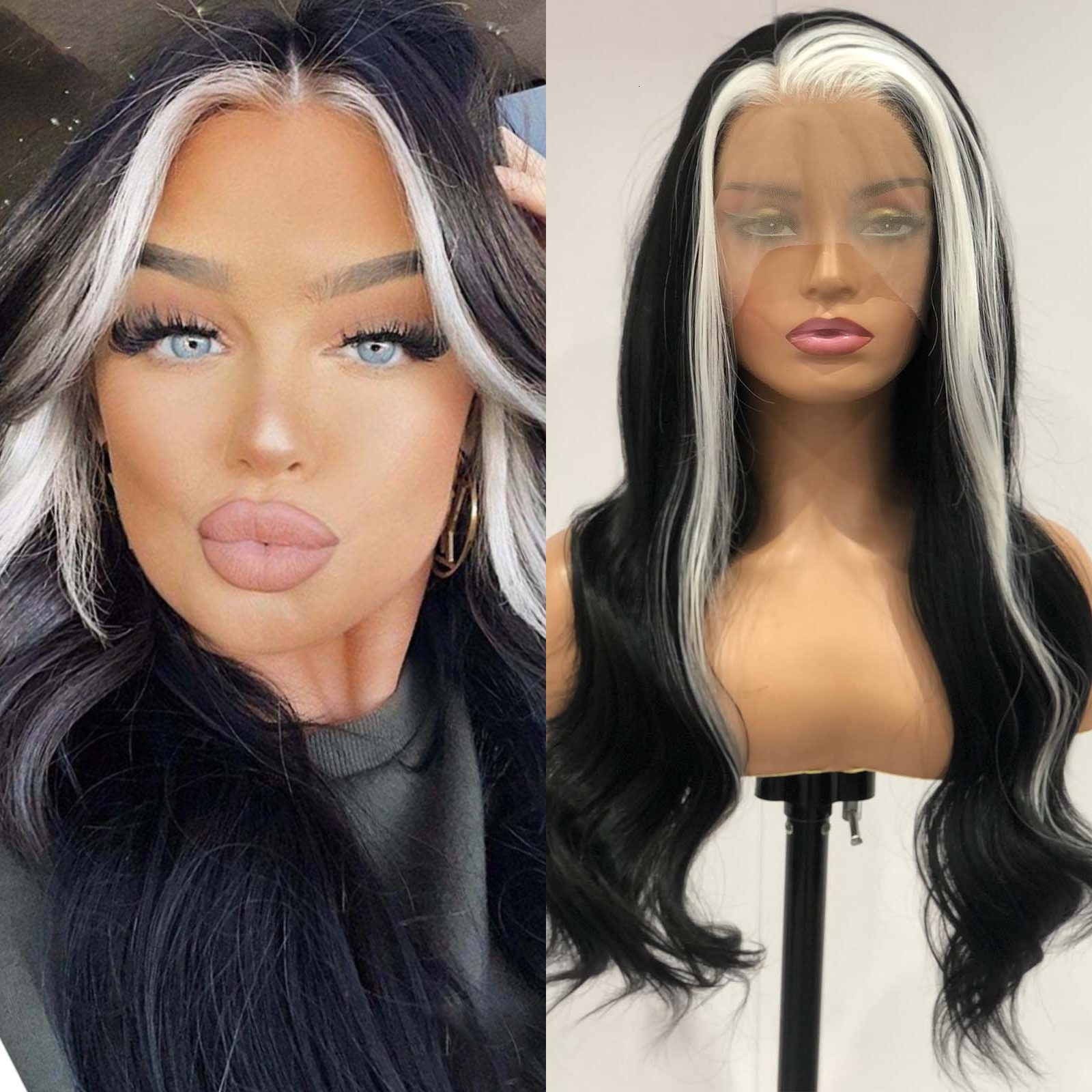 Long Wavy Highlight Lace Front Synthetic Hair Natural Wave Black White Stripe Colored 13X4 Frontal Wigs for Women Party
