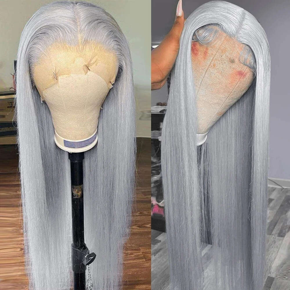 Silver Gray Colored x Lace Front Human Hair Wig Remy Brazilian Bone Straight Wigs For Women Ash Blonde