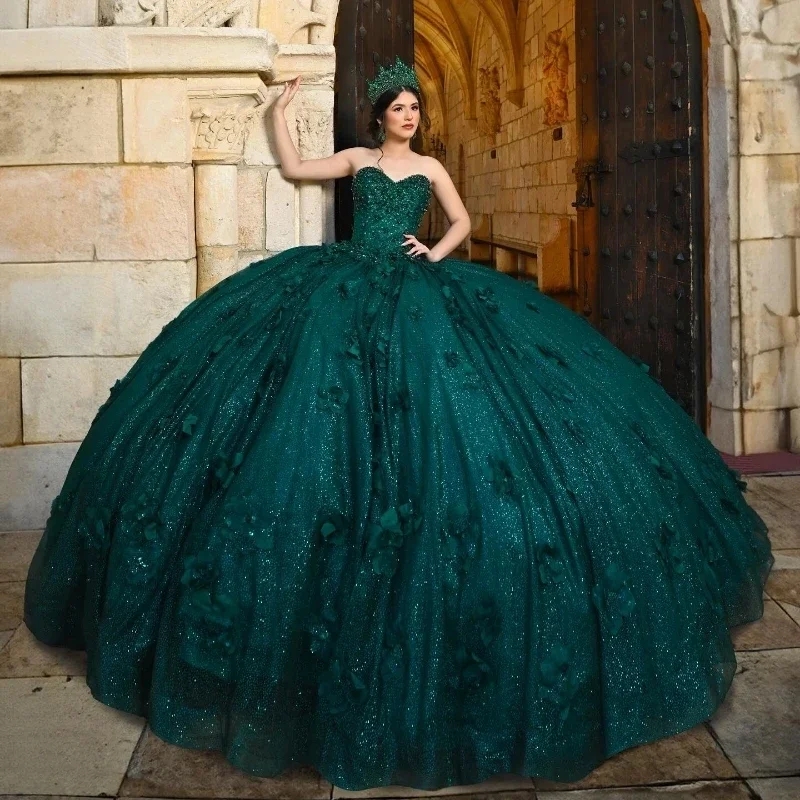 Blackish Green Shiny Sweetheart Mexican Quinceanera Dresses 3D Flowers Beads Tull Off The Shoulder Ball Gowns Sweet 16 Vestidos De XV 15 Anos