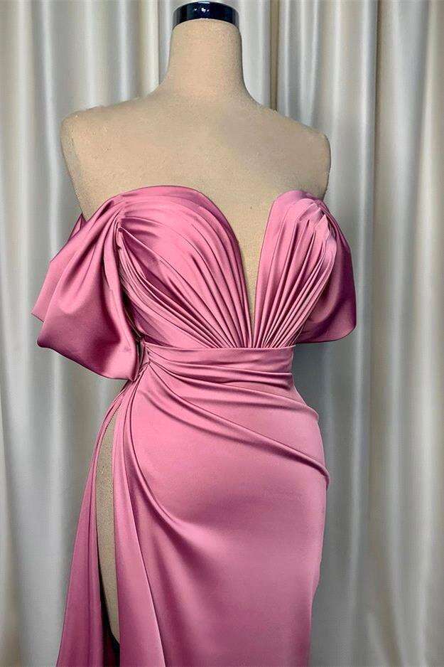 Off the Shoulder Sheath Rose Pink Dresses 2024 High Slit Sexy Prom Dress Long Pleat Soft Satin Real Evening Party Gowns BC19680