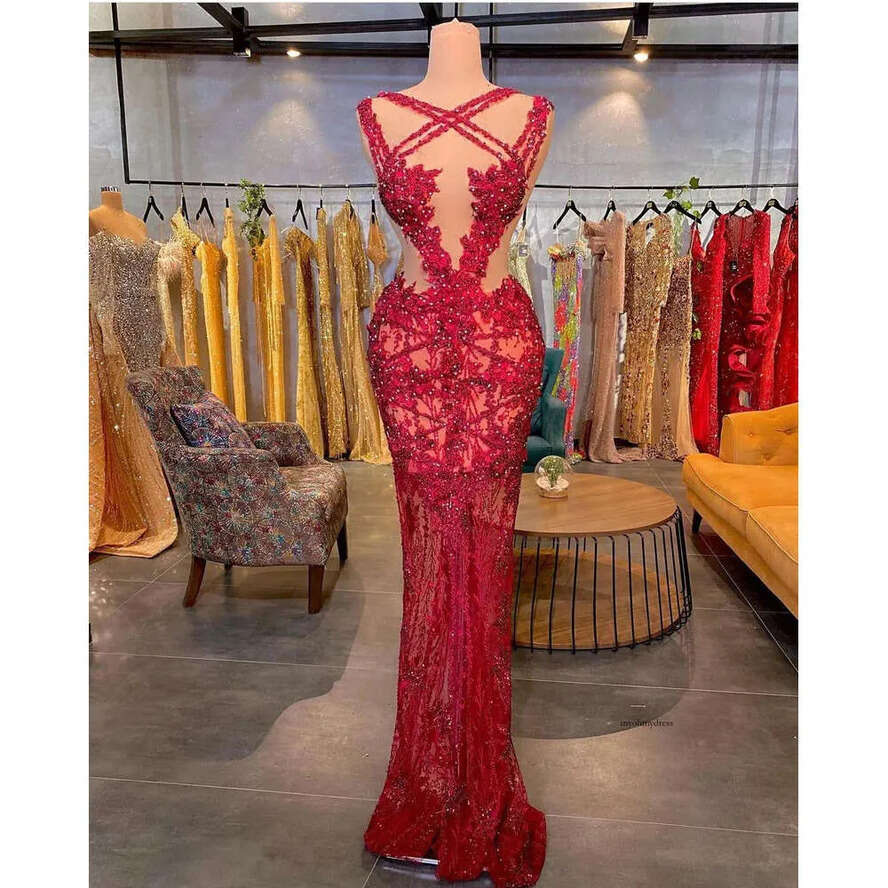 Mermaid Red Prom V Neck Sleeveless Straps D Lace Appliques Sequins Beaded Pearls Or Length Hollow Sexy Celebrity Evening Dresses Plus Size Custom Made