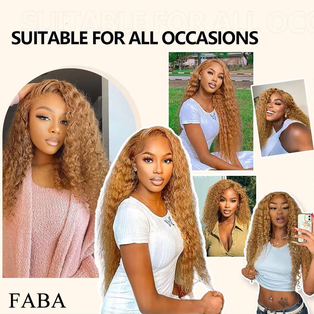 FABA Glueless Honey Blonde Curly Human Hair Wig Deep Wave x HD Lace Frontal Wigs with Baby Density