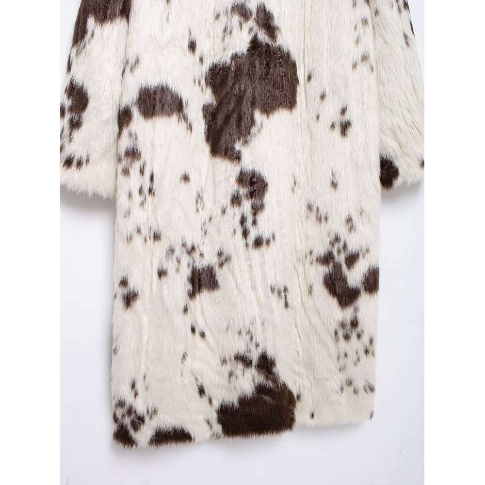 TRAFZA Vintage Fall Winter Faux Fur Women's Animal Pattern Lapel Long New 2024 Fashion High Street Y2k Coat
