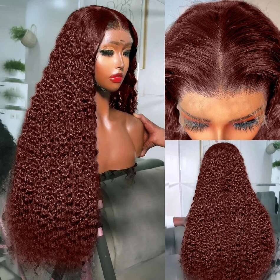 Inch Reddish Brown Deep Wave x Lace Front Human Remy Hair Density Kinky Curly HD Frontal Wig Brazilian