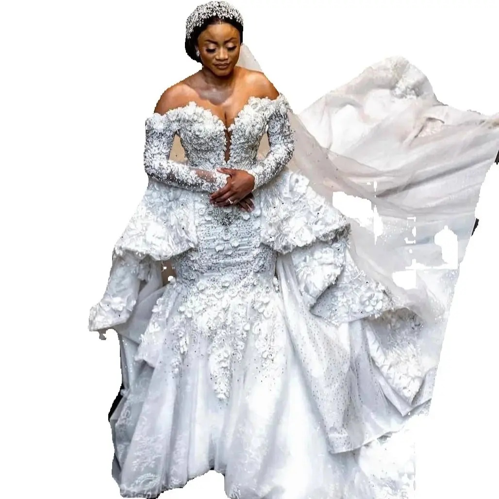 Graceful Off The Shoulder Mermaid Wedding Dresses Women Beading Floral Applique Bride Dresses Ruched Train Bridal Gown