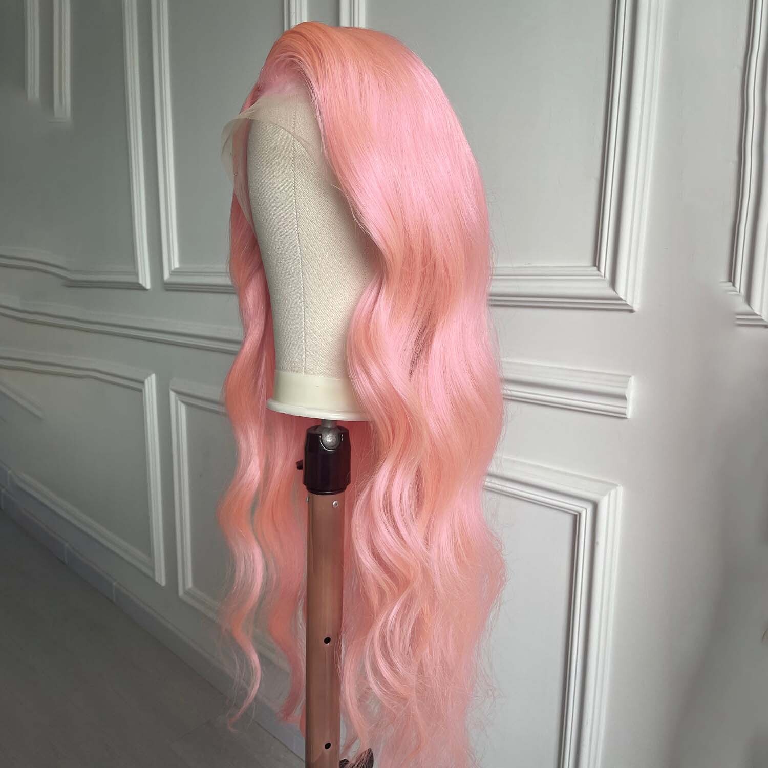 Light Long Wavy Synthetic Front Wig Glueless Natural Body Wave Pink Colored Hair Lace Frontal Wigs for Women Party