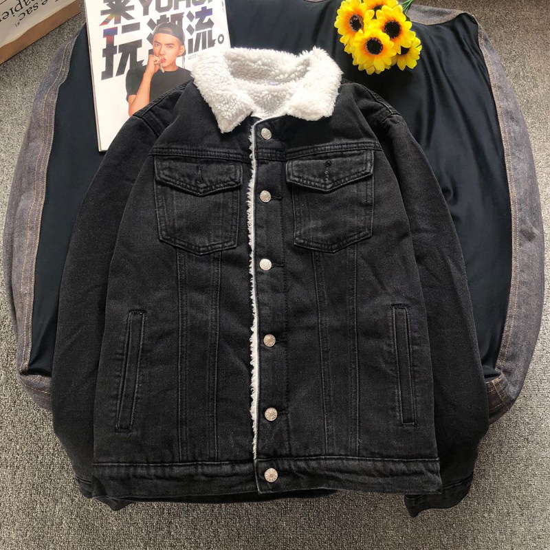 2024 New Designer Autumn/Winter Couple Denim Men's Plush Thickened Warm Leisure Oversized Cotton Jacket Sheep Wool Top Fashionable