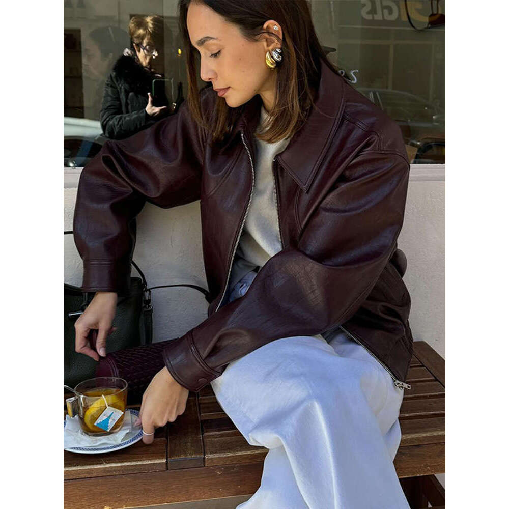 Vintage Leather Bomber Women Jacket O-Neck Zipper Pockets Female Coat 2024 Autumn Winter Fashion Long Sleeve Crop Lady Outwears