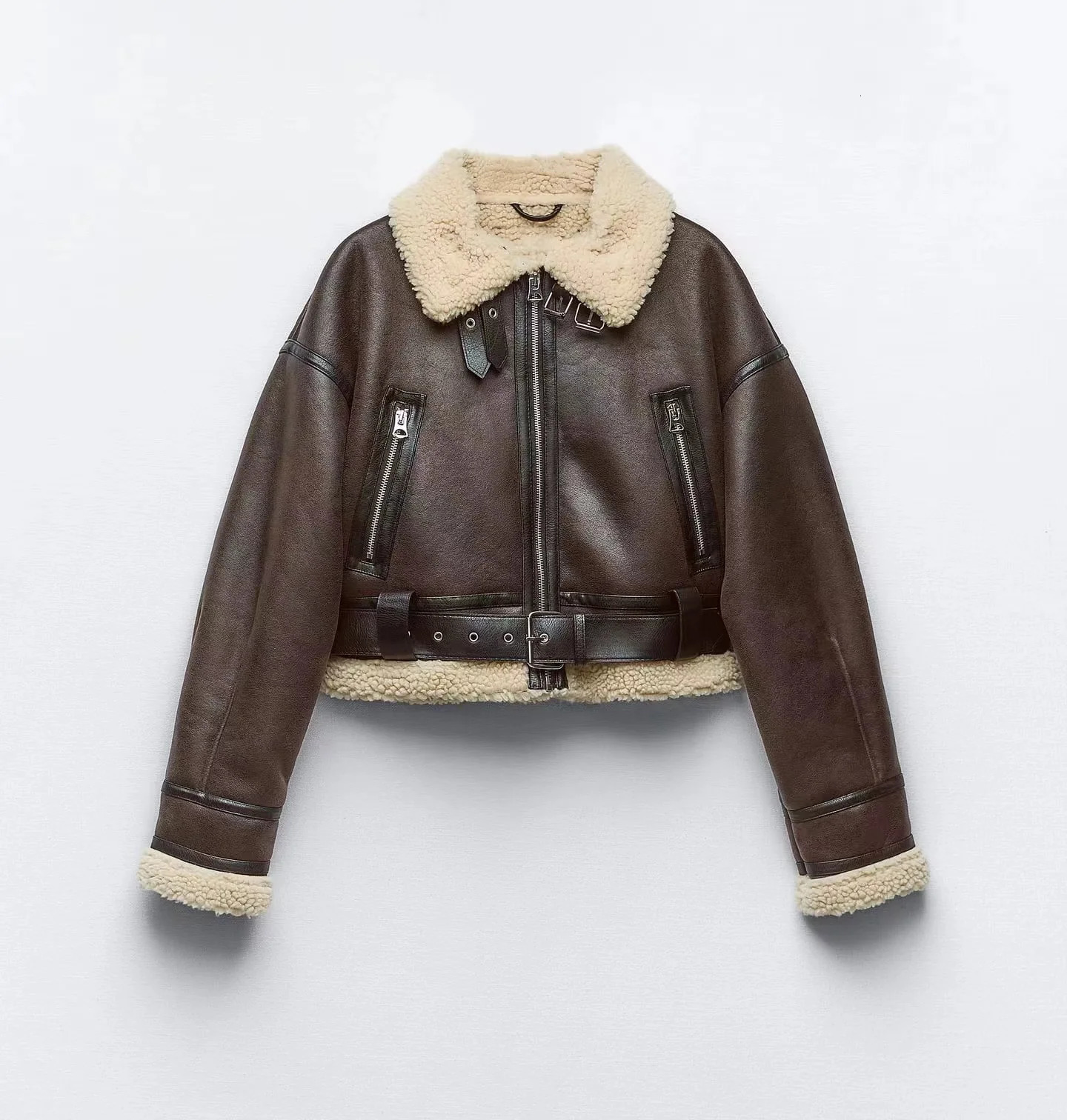 2024 traf Winter Womens street wear faux sheepskin fur bomber jacket with belt motorcycle thick warm sheepskin overcoat jacket 241024