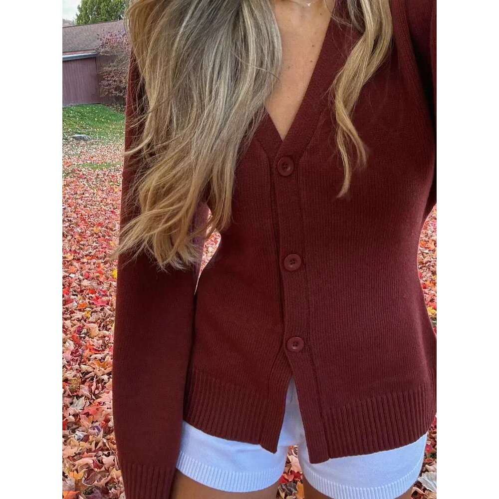 2024 Elagant Solid V Neck Knitted Cardigan Women Chic Single Breasted Long Pagoda Sleeve Sweater Autumn Lady High Street Jumper