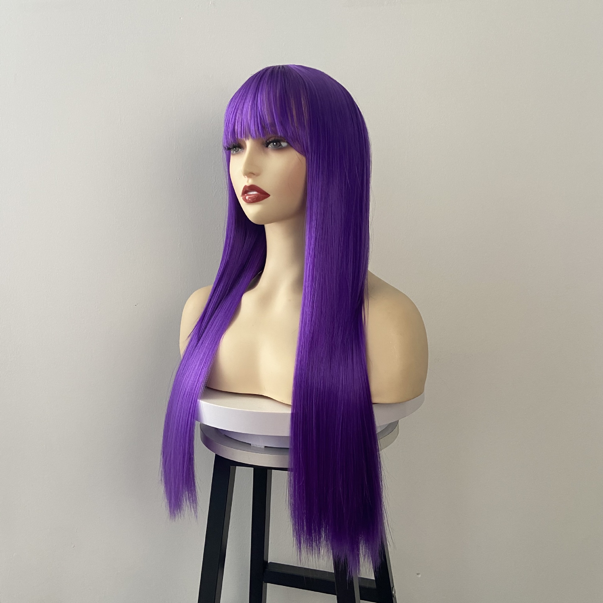 Hot selling wig for women purple long straight hair with bangs simulation scalp long hair full headpiece