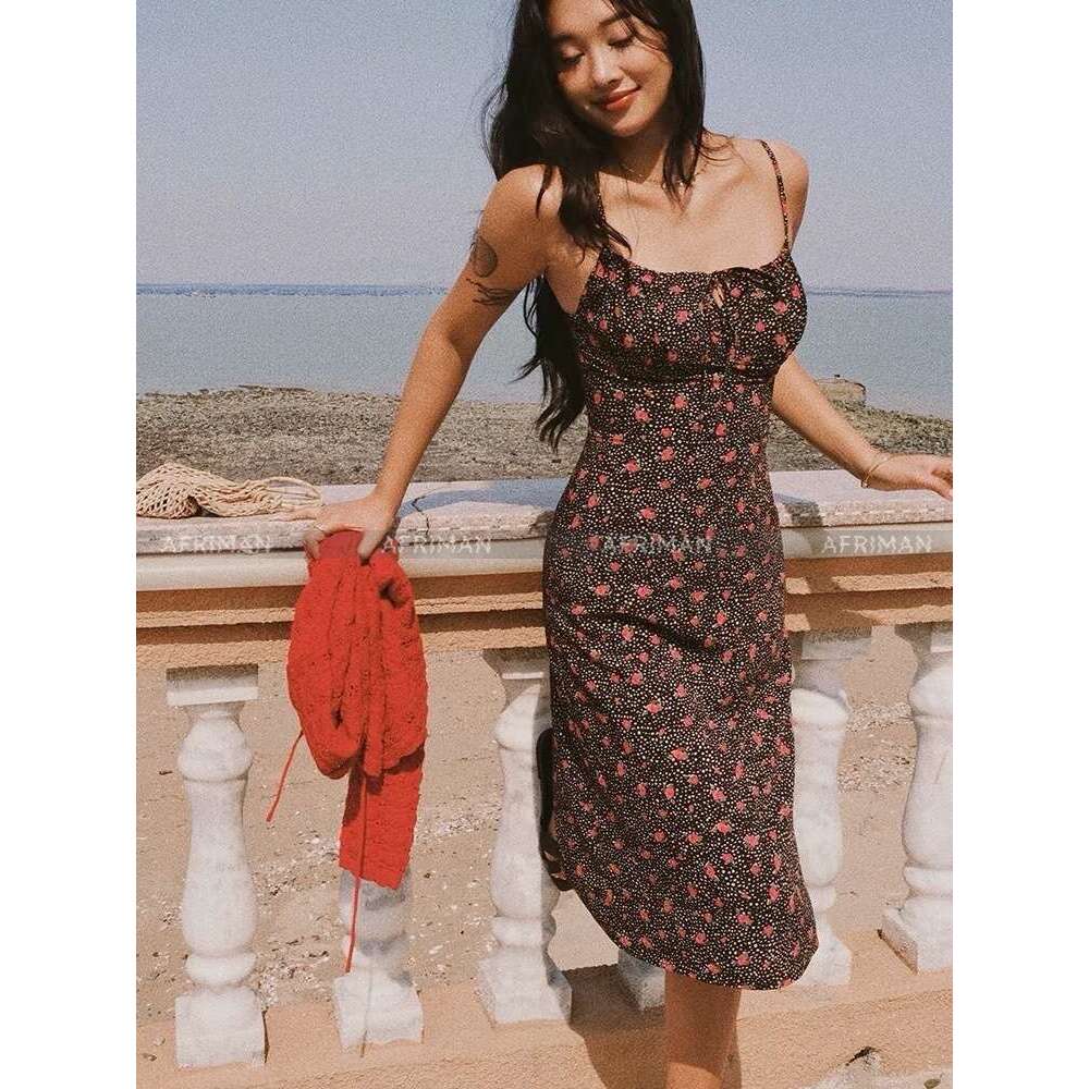 Summer Diagonal Cut Silk Suspender Rose Print Slim Fit Seaside Vacation Dress For Women