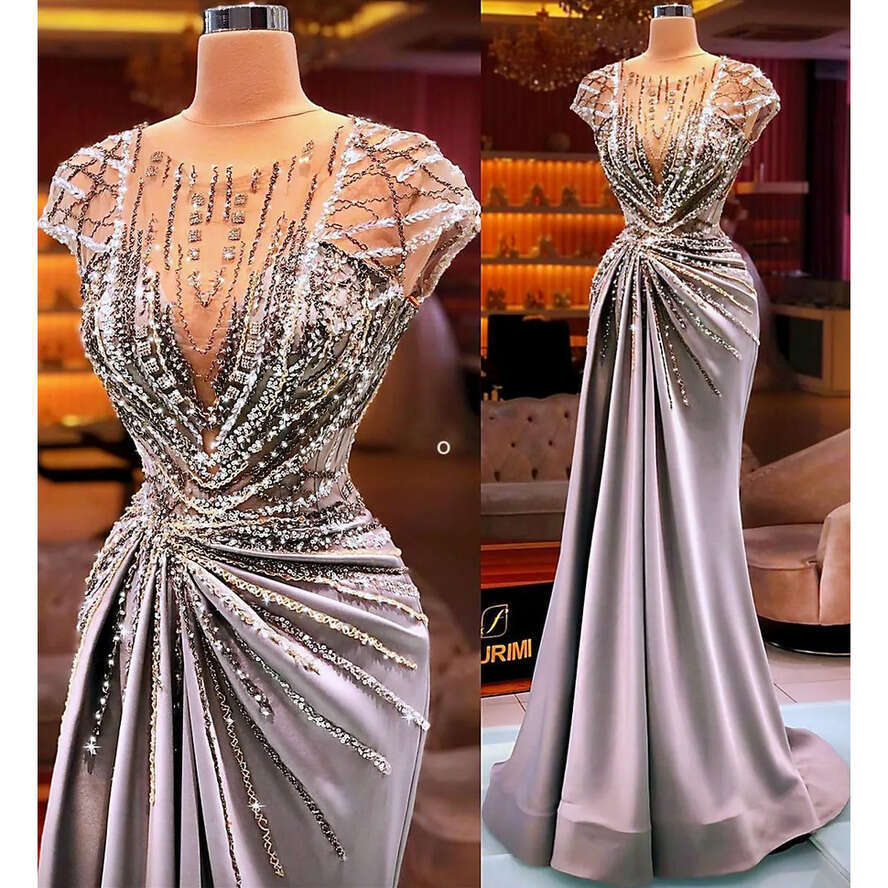 2022 Plus Size Arabic Aso Ebi Sier Mermaid Urious Prom Dresses Sheer Neck Beaded Crystals Evening Formal Party Second Reception Gowns Dress