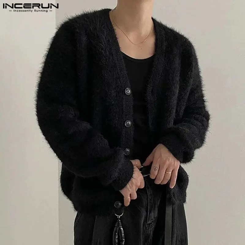 INCERUN Men Sweaters Solid Color Plush V Neck Long Sleeve Casual Cardigan Streetwear 2023 Fashion Leisure Knitted Outerwear 241024