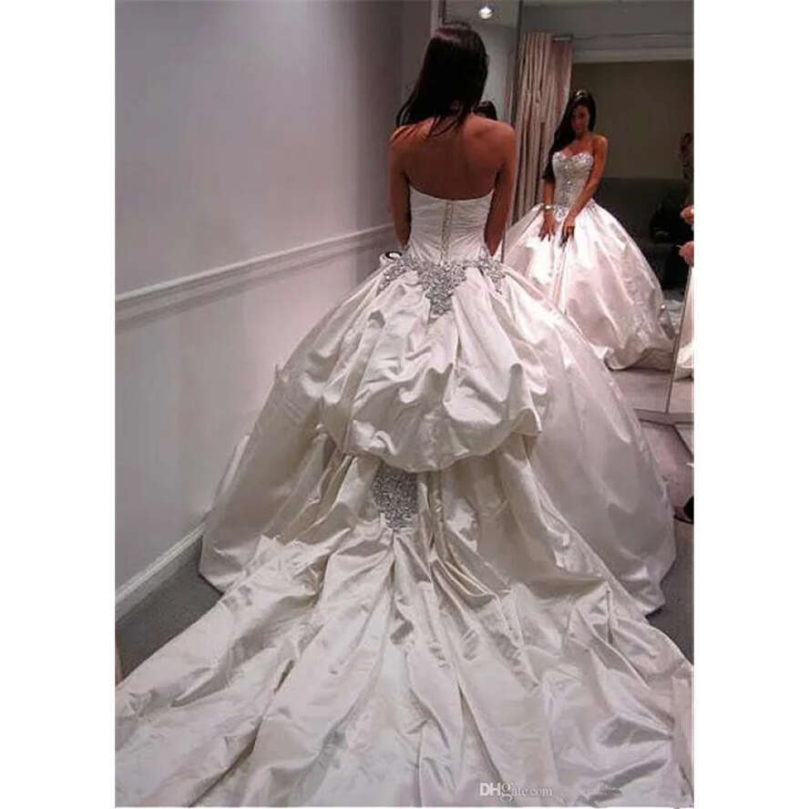 Amazing Crystal Ball Gown Gowns Sweetheart Satin Wedding Dresses Vestido De Noiva Lace-Up Rhies Bridal Dress Custom Made 0510