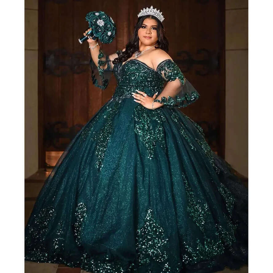 Green Shiny Ball Gown Quinceanera Dresses 15 Party Glitter Tulle Appliques Sequined Formal Masquerade Cinderella Birthday Gowns Vestidos De Fiesta 052