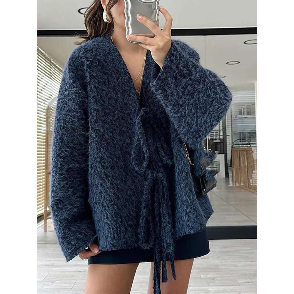 Elegant Solid Mohair Lace Up Women Knitted Cardigan Chic V Neck Long Sleeve Short Sweater Autumn Lady Commute Street Outerwear