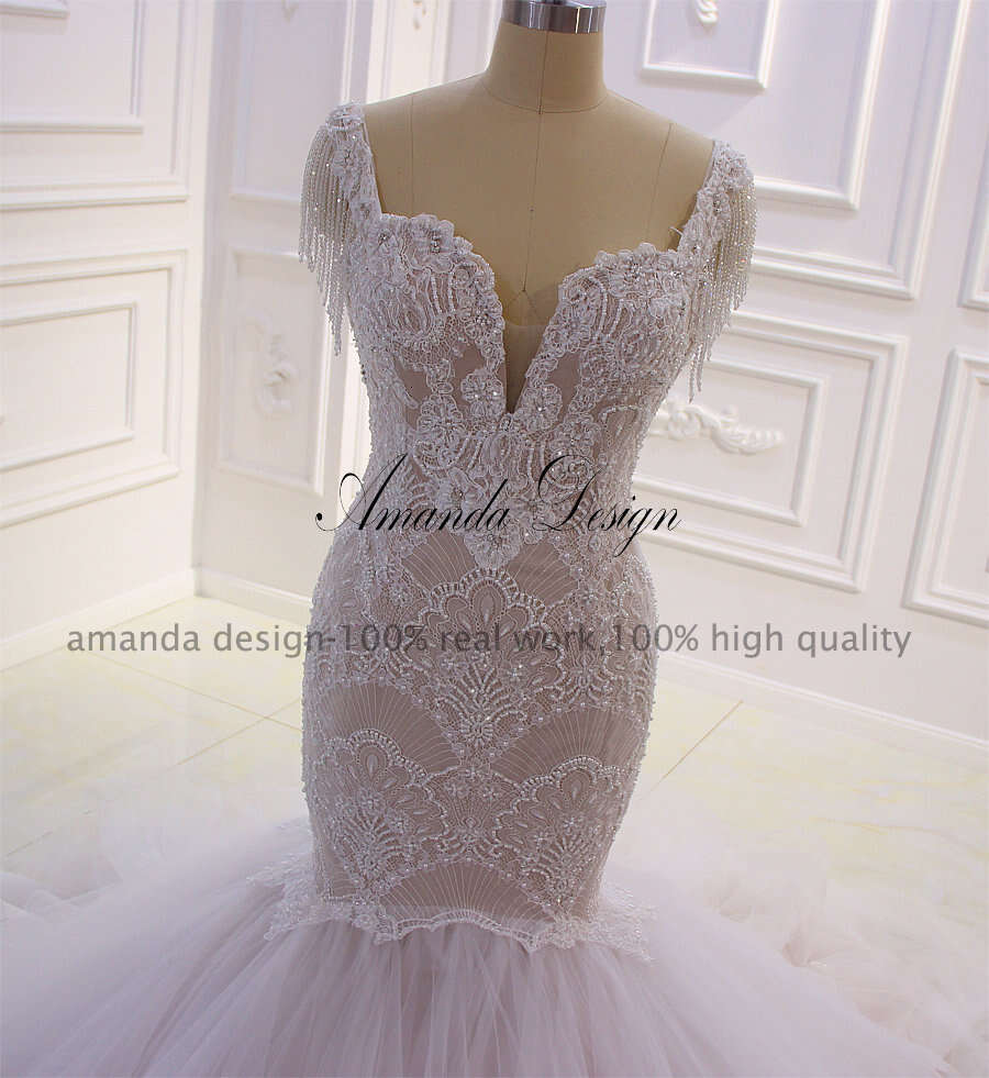 Amanda Design vestidos de novia Cap Sleeve Lace Appliques Tiered Mermaid Wedding Dress
