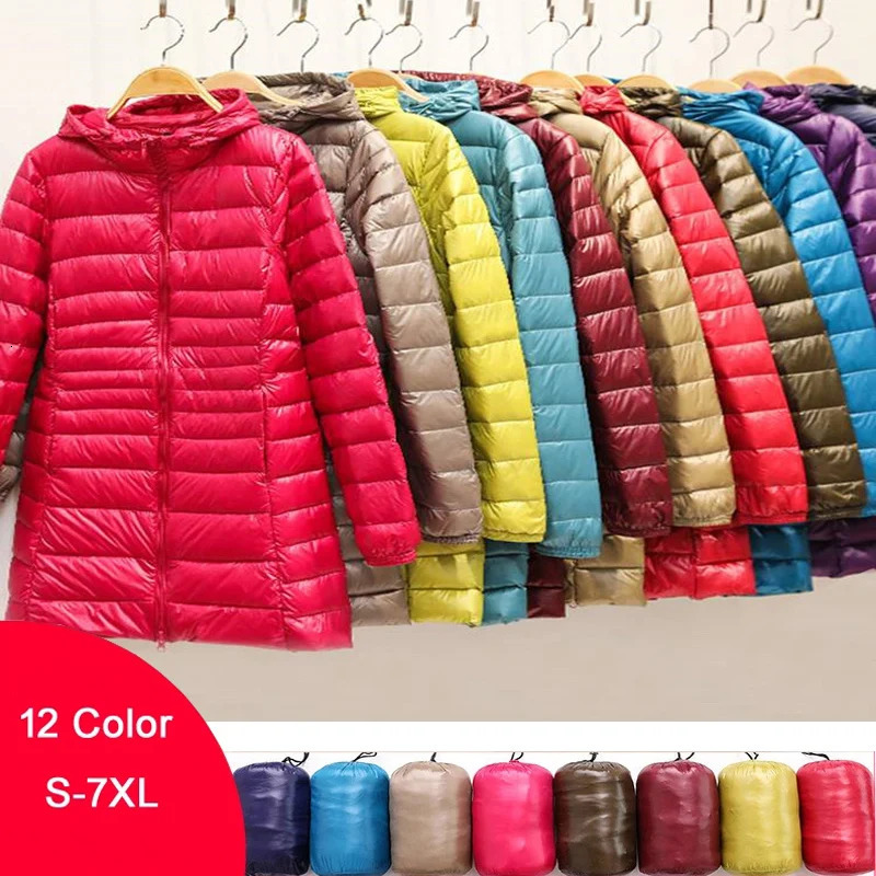 Autumn Winter Women Ultra Light Duck Down Jackets Hooded Long Puffer Down Coat Windproof Outerwear Parkas S-7XL 241028