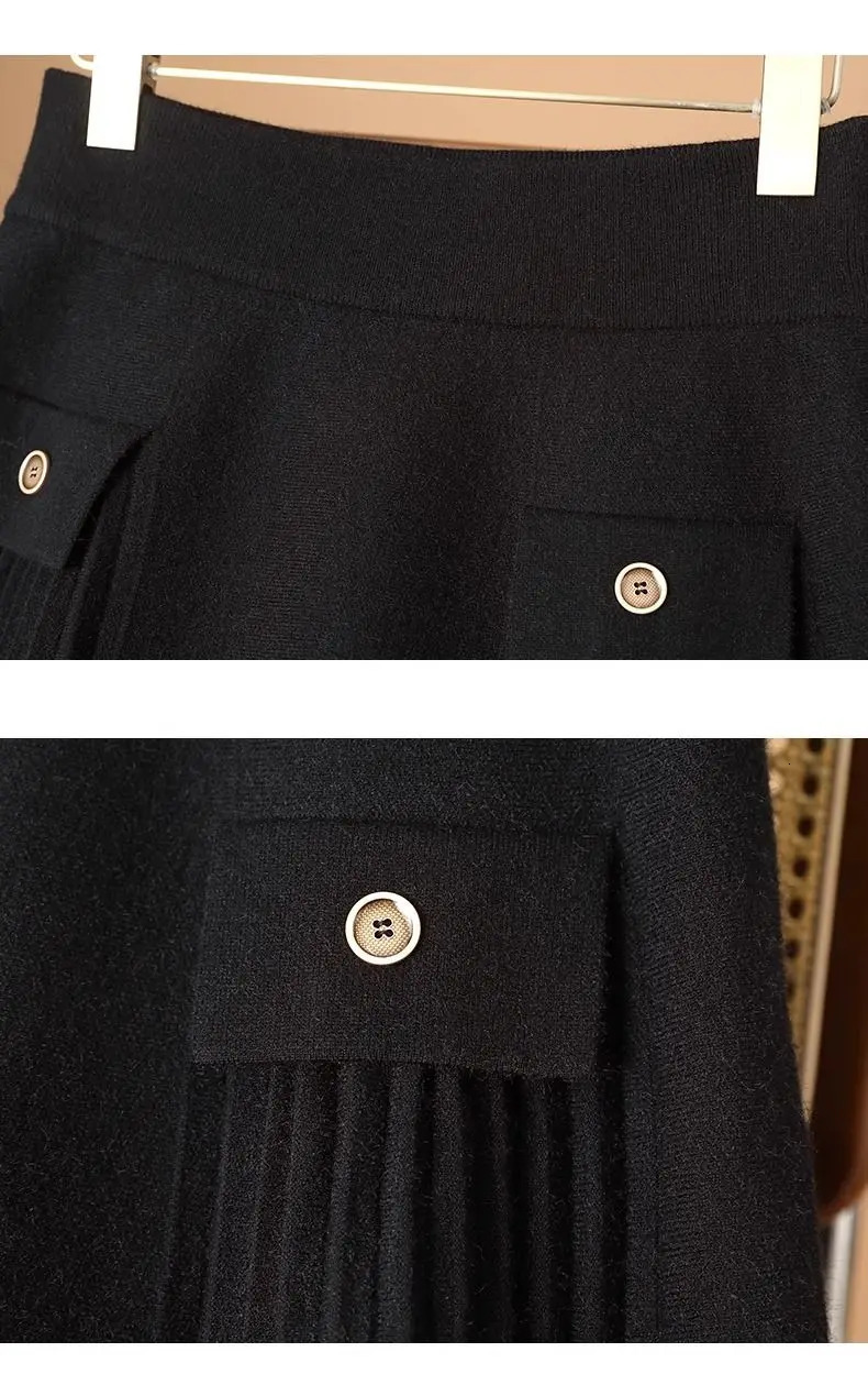 Autumn Winter Wrinkled Leather Womens Elastic High Waist Knitted Leather Pocket Womens Elegant Solid Color A-Line Leather LJ164 241028