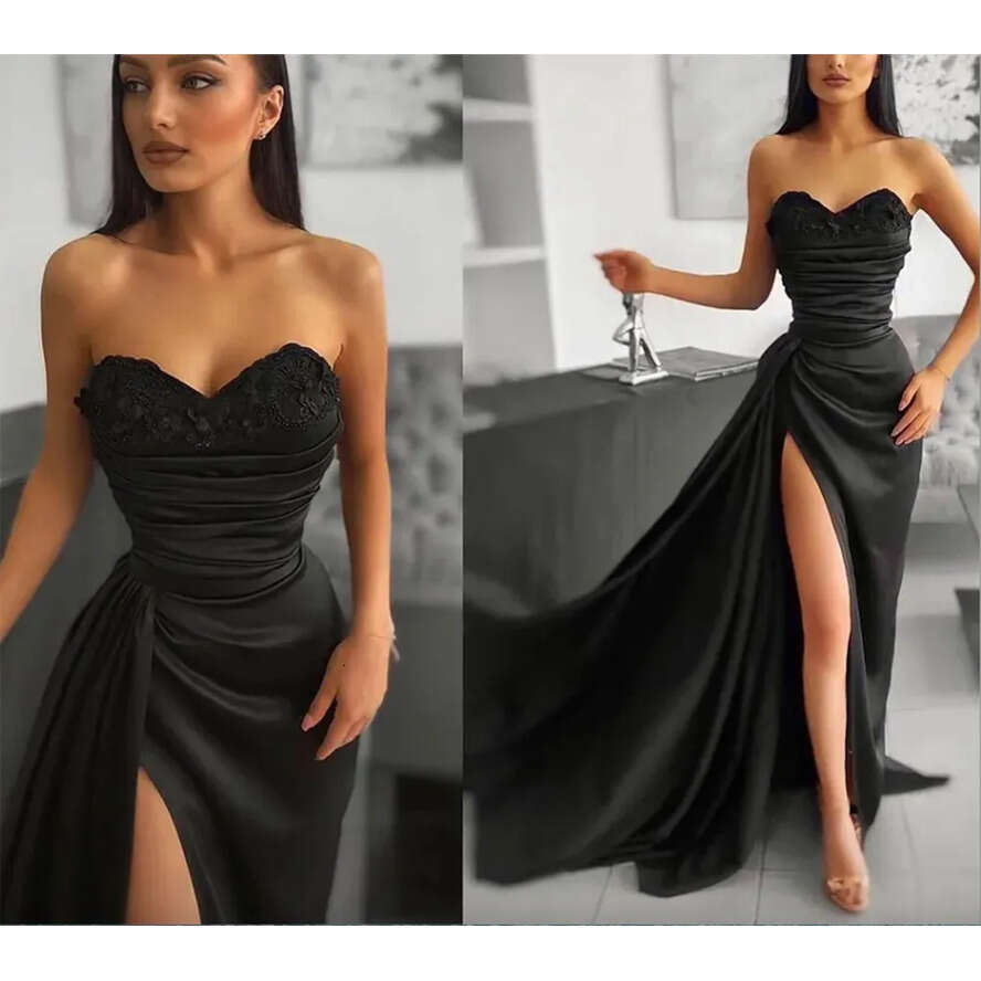 Black Mermaid Satin Evening Dress Sexy Long Sweetheart High Slit Lace Appliques Prom Formal Gown Celebrity Wear Robe De Soiree Vestidos Fiesta 0509