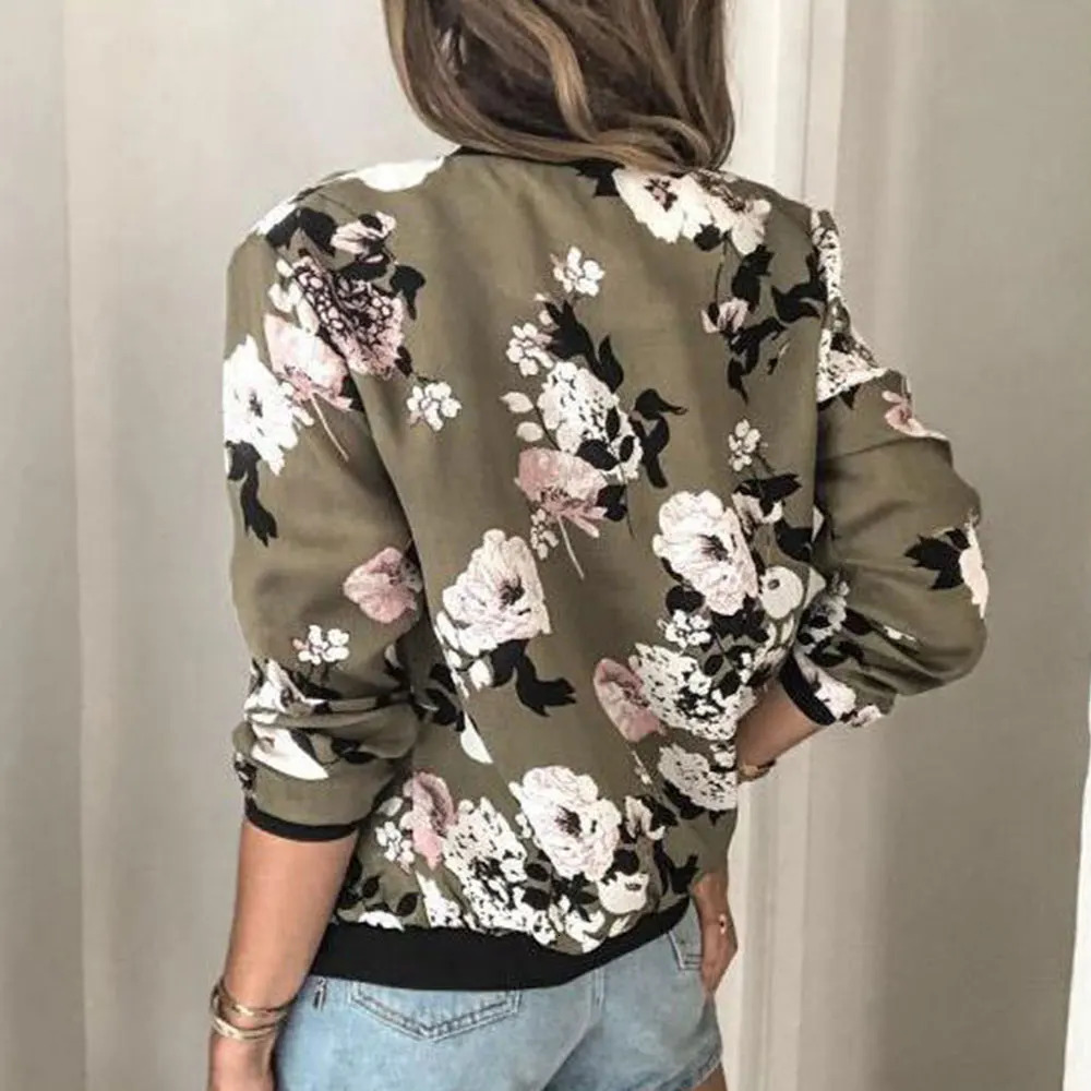 Jocoo Jolee Women Elegant Zipper Bomber Jacket Spring Autumn Floral Printed Jackets Office Wear Slim Office Coat Retro Outwear 241024