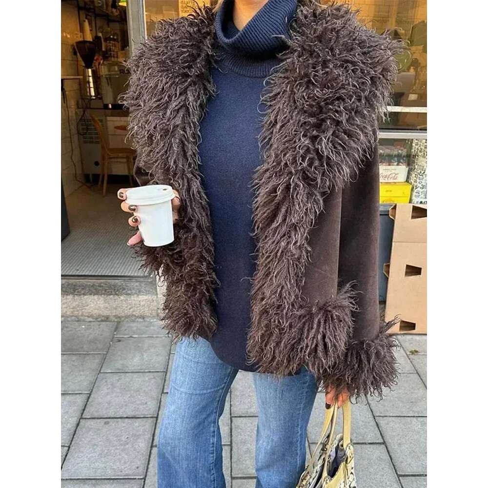 Women Coffee Suede Leather Fluffy Fur Spliced Coat Fashion Autumn Winter Lapel Warm Thick Jacket 2024 New Lady Street Outerwear
